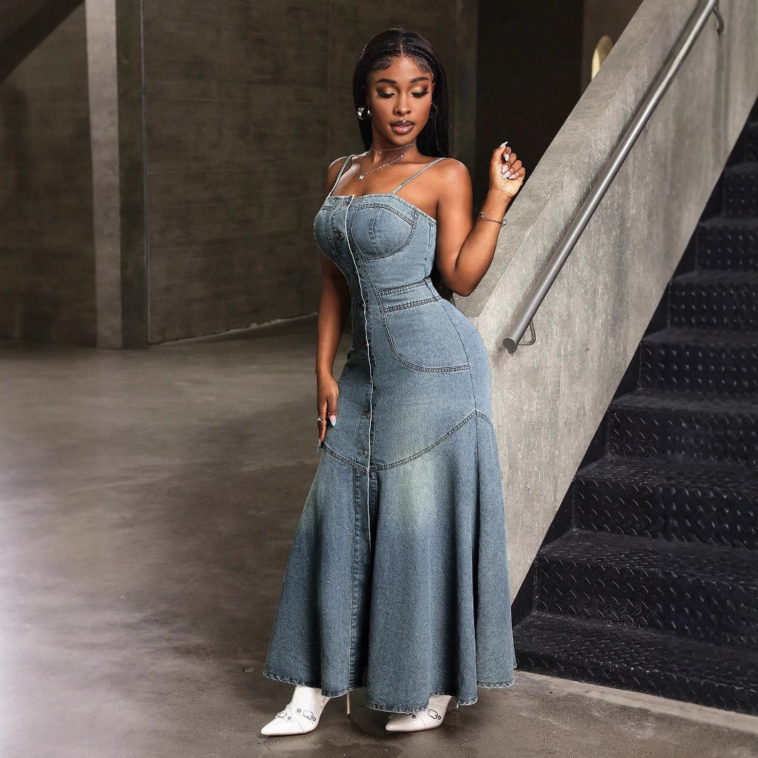 Slim Fit Spaghetti Strap Denim Maxi Dress – Summer Style