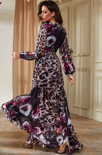 Leopard Print Maxi Dress - Long Sleeve V-Neck Tiered Dress with Cutout Detail