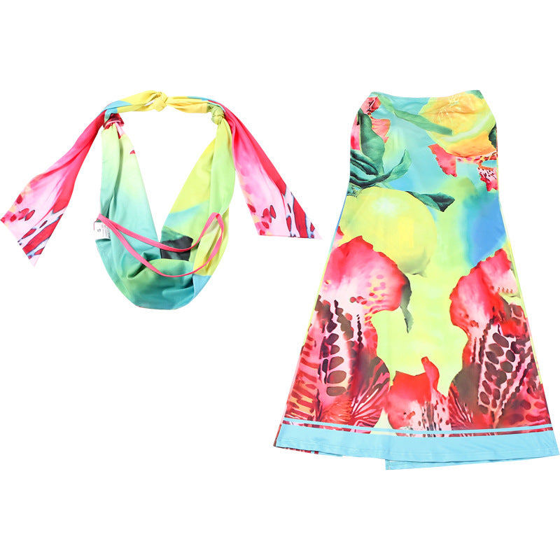 Sexy Summer Halter Top & Split Maxi Skirt Set - Backless & Twisted