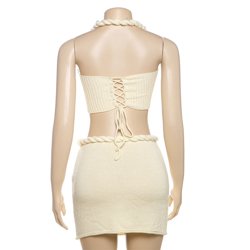 Sexy Halter Beaded Lace-Up Two-Piece Skirt Set