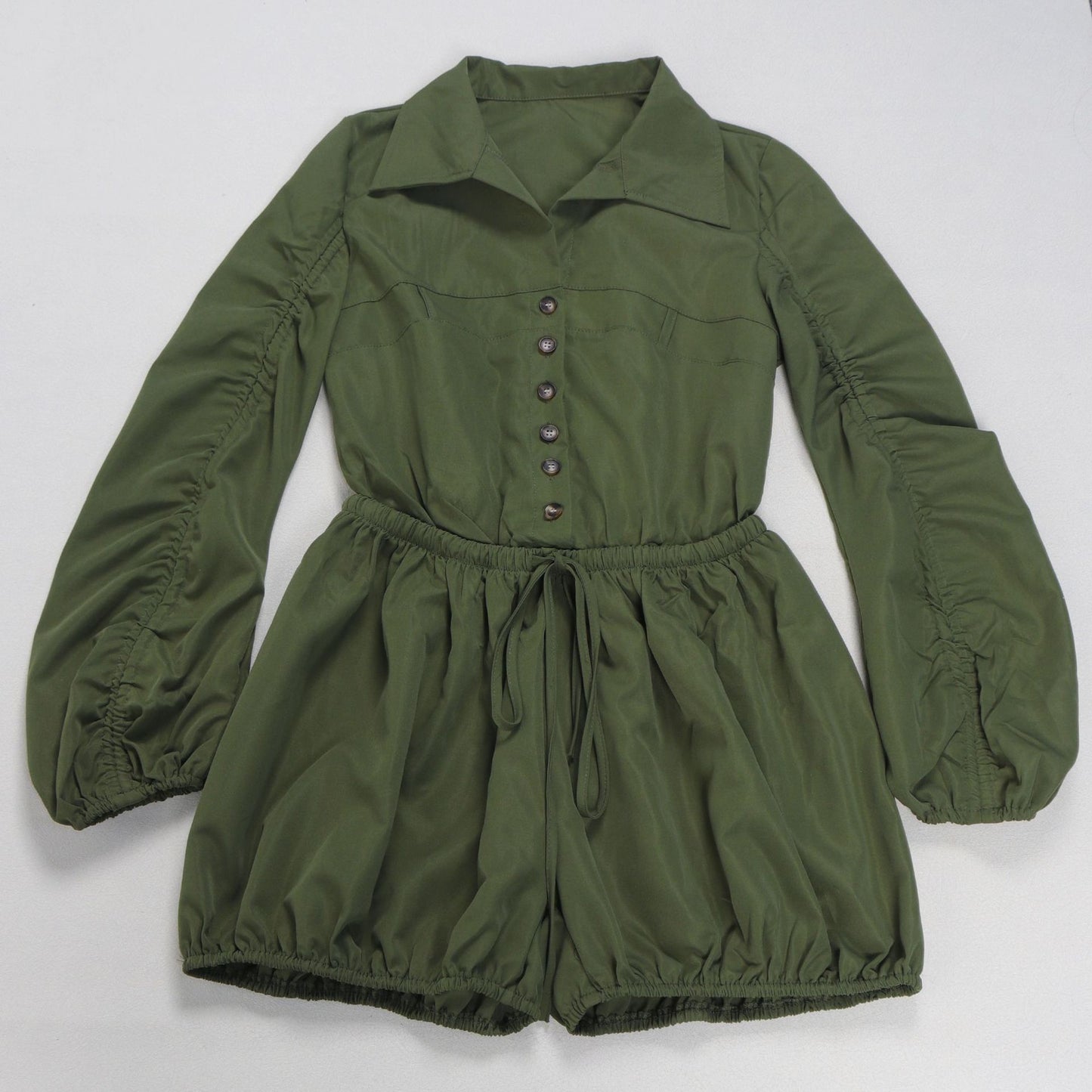 Women’s Casual Button-Up Jumpsuit – Collared Long Sleeve Romper with Ruched Waist and Loose Fit