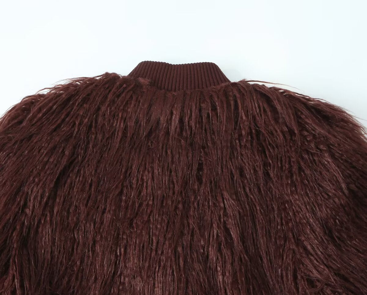Burgundy Faux Fur Knit Coat: Retro Look Teddy Bear Sweater Jacket