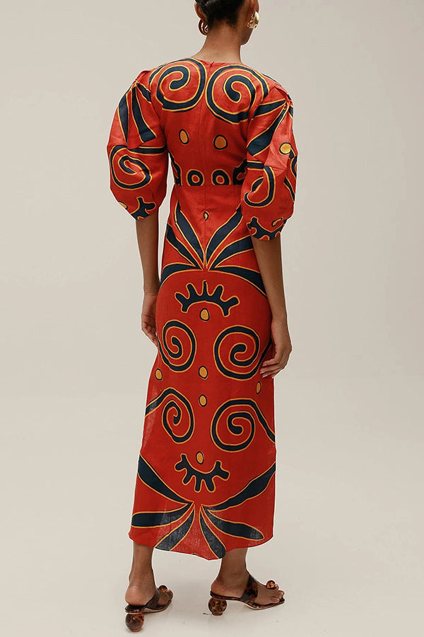 Summer Sexy Maxi Dress - Printed V-Neck with Split & Twisted Details