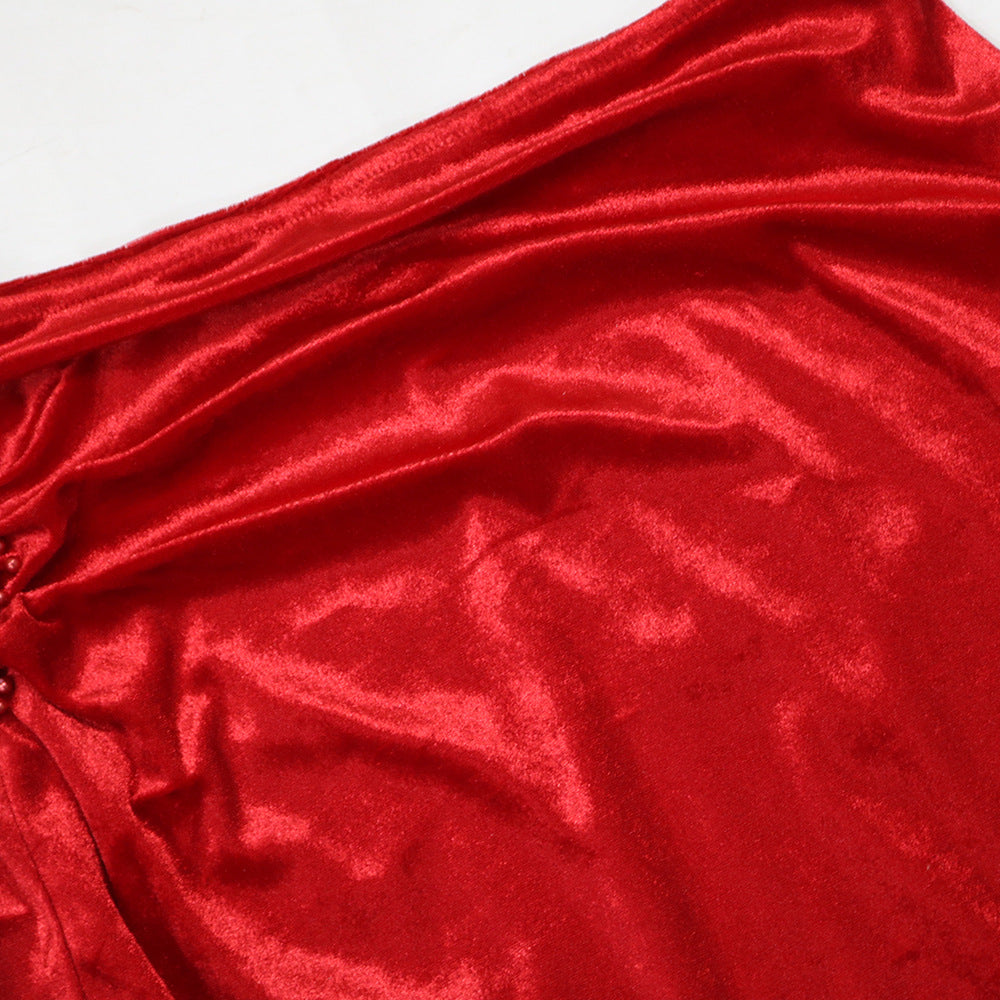 Red Velvet & Sequin Two Piece Set: Long Sleeve Top & High Slit Skirt