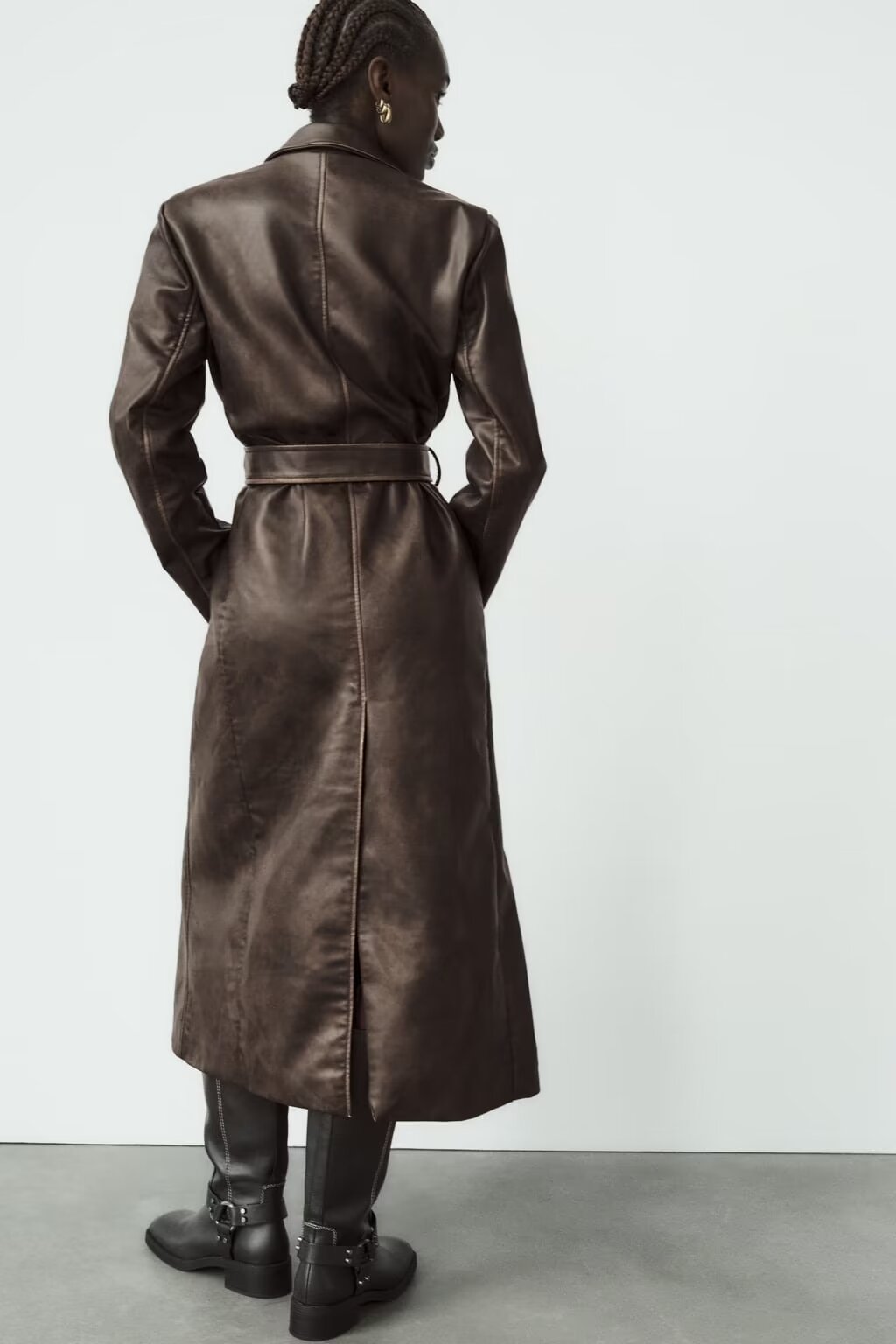 Chic Distressed Effect Faux Leather Coat – Casual Fall/Winter Outerwear