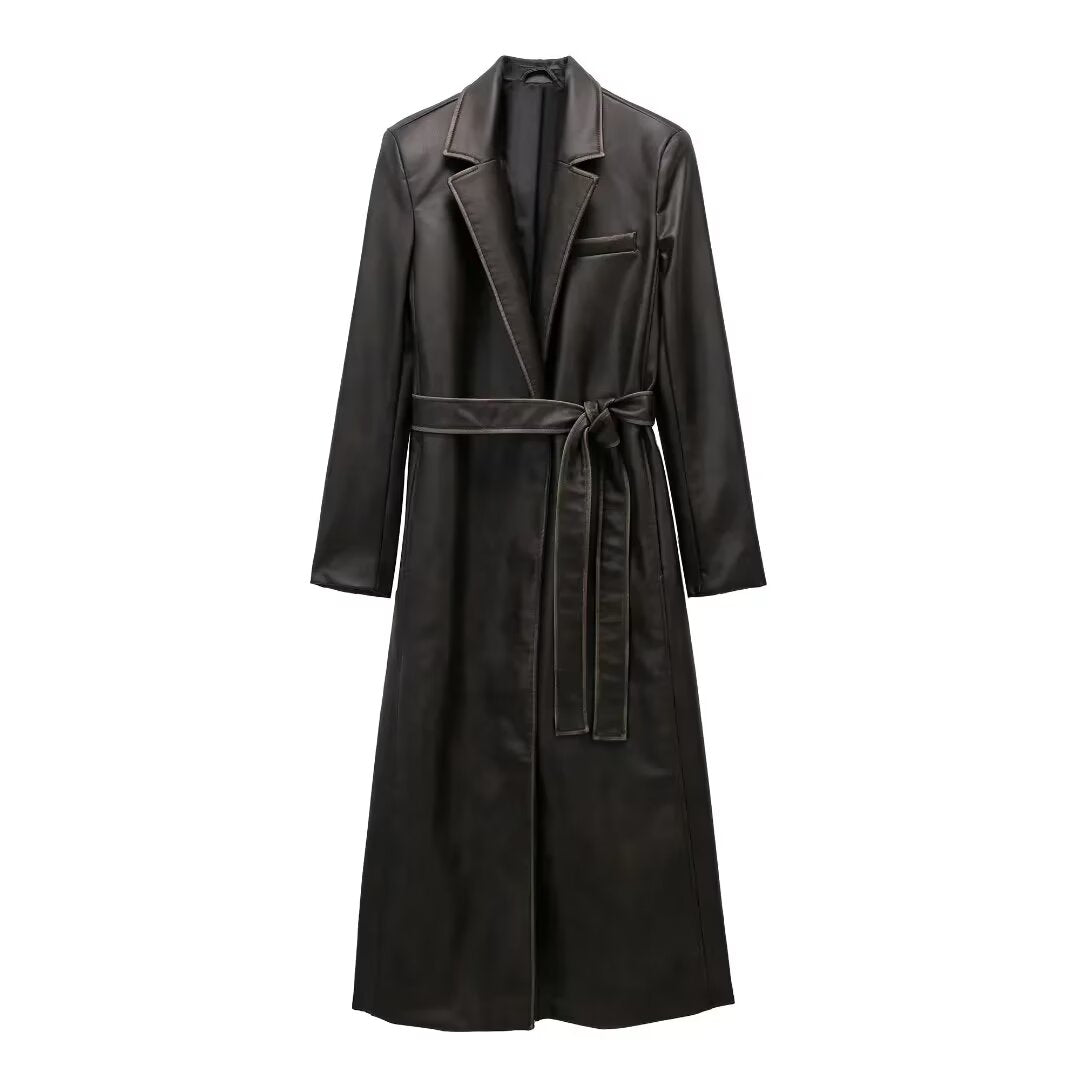 Chic Distressed Effect Faux Leather Coat – Casual Fall/Winter Outerwear