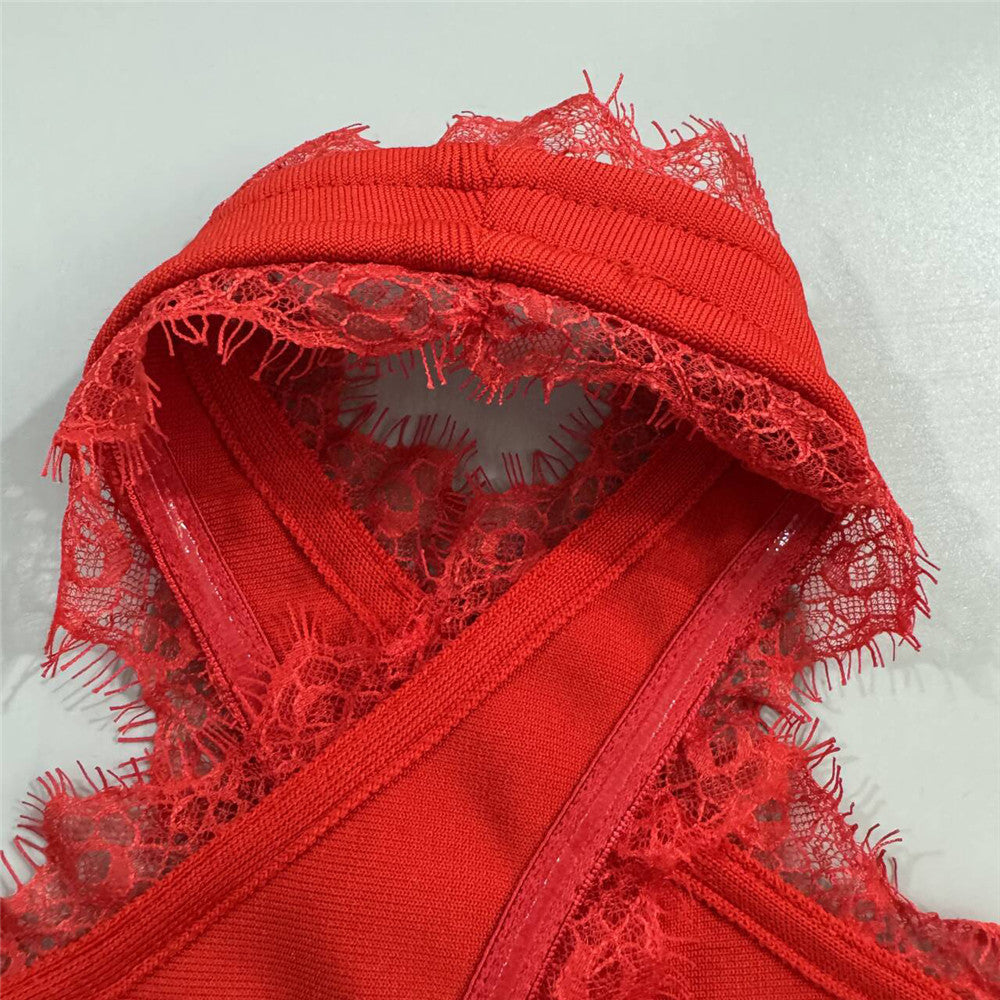 Red Floral Bandage Mini Dress: Halter Backless Lace Trim