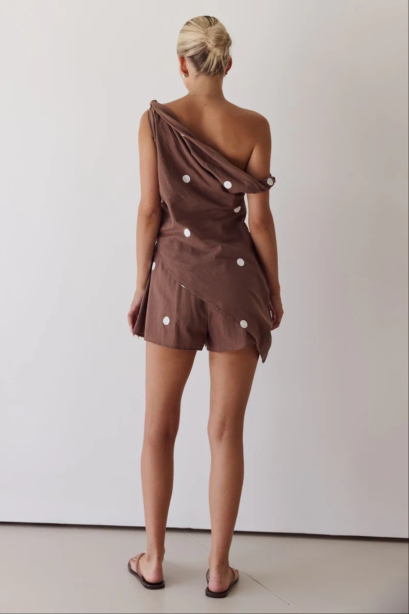Printed One-Shoulder Top & Loose Shorts Set - Backless Asymmetric Boho 2-Piece Set