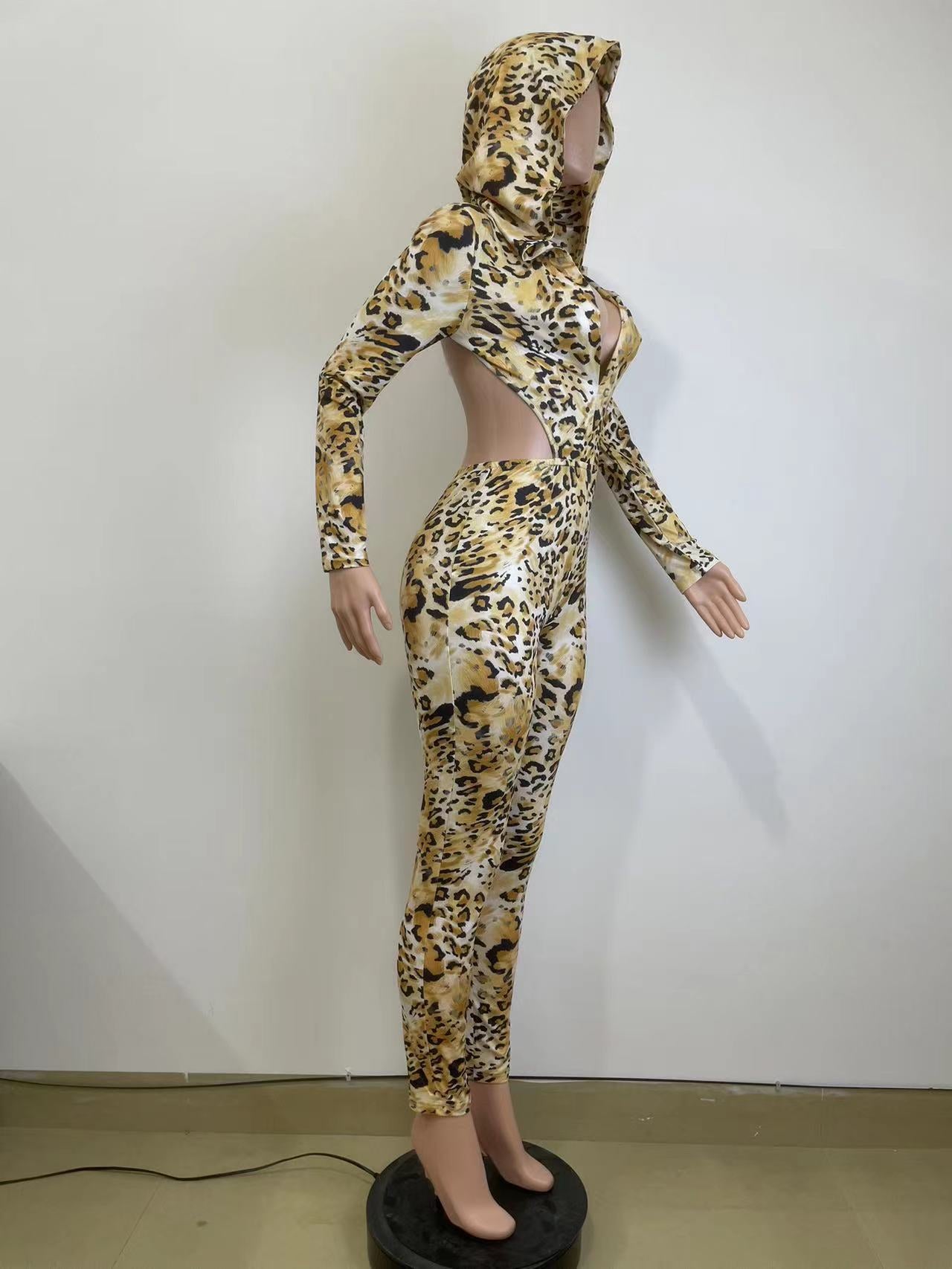 The Hooded Backless Leopard Jumpsuit