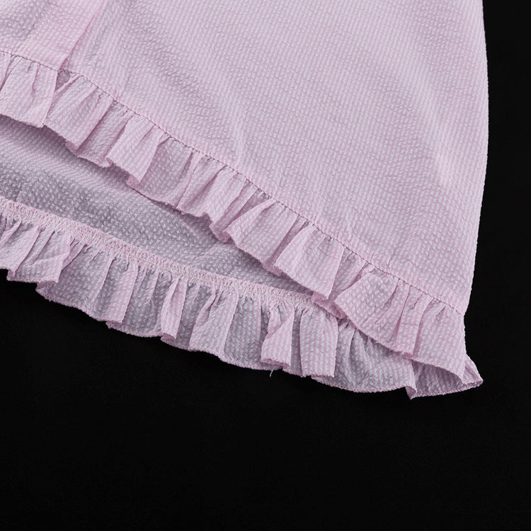 Elegant Striped Shirt & Shorts Set - Collared Puff Sleeve Outfit
