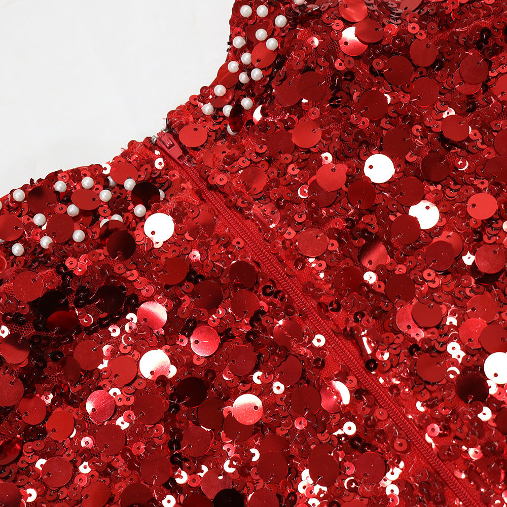 Red Velvet & Sequin Two Piece Set: Long Sleeve Top & High Slit Skirt