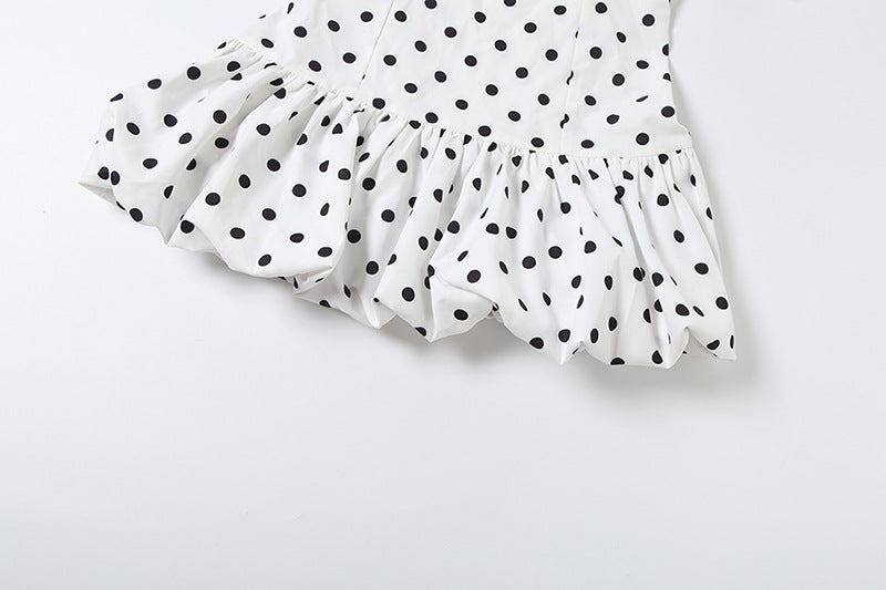Polka Dot Halter Mini Dress | Ruched Asymmetric A-Line Party Dress | Beige