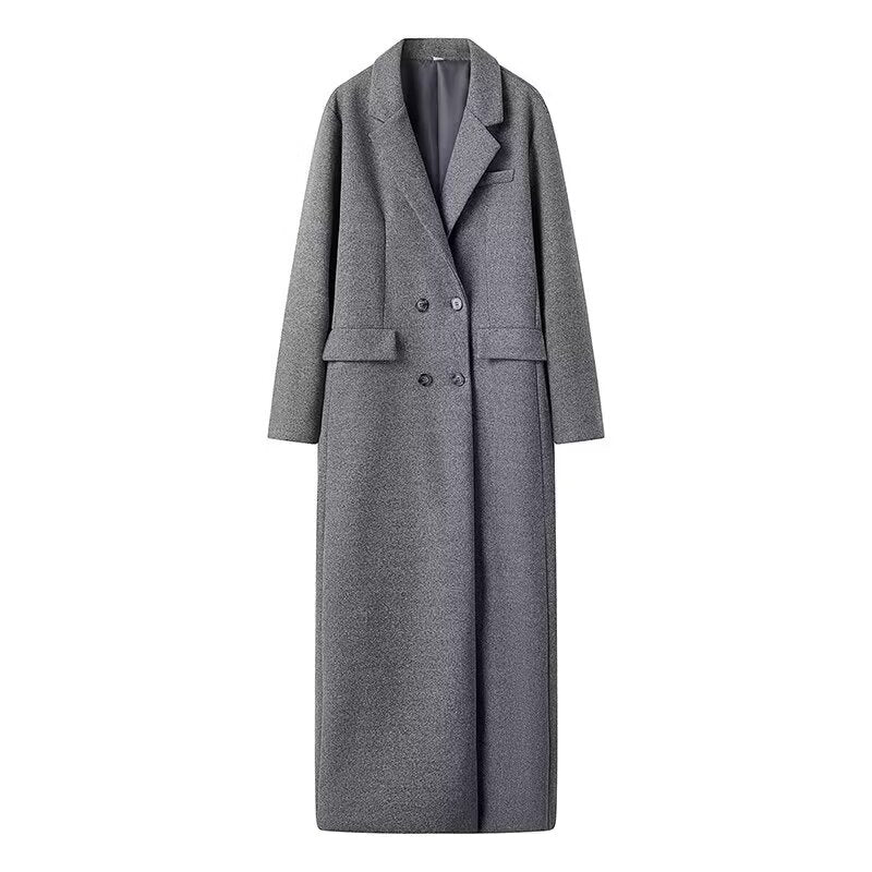Gray Wool Blend Long Coat for Women: Button Front Winter Outerwear
