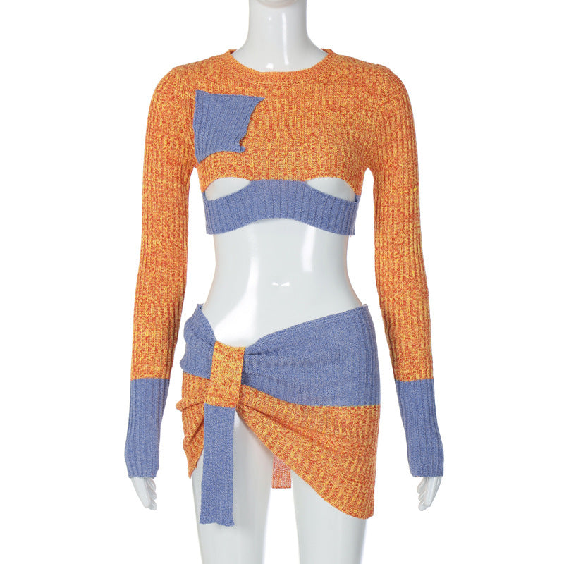Sexy Color Block Cutout Crop Top & Skirt Set - Long Sleeve