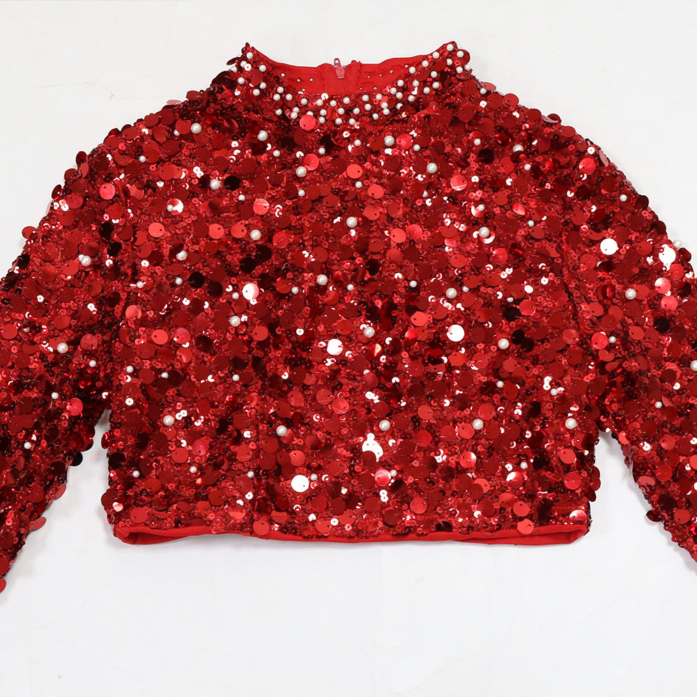Red Velvet & Sequin Two Piece Set: Long Sleeve Top & High Slit Skirt