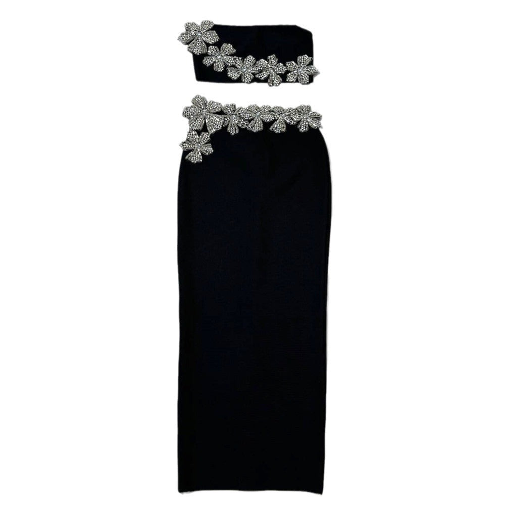 Floral Rhinestone Bandage Two Piece Set: Sexy Tube Top & High-Waist Long Skirt