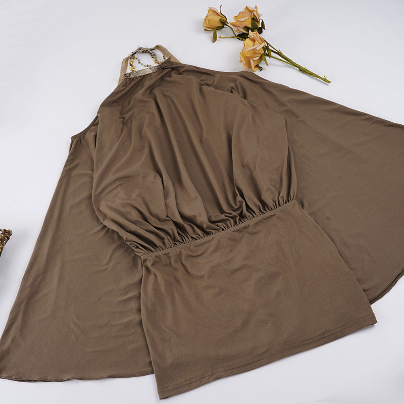 Brown Off-Shoulder Batwing Mini Dress - Backless Asymmetric Cutout Party Dress