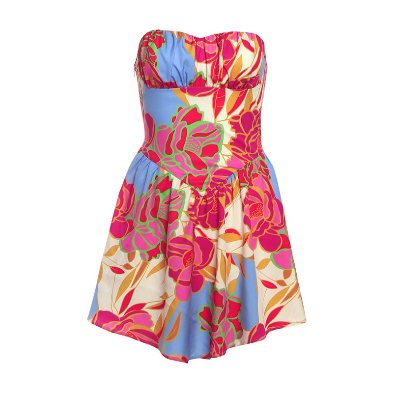 Sexy Floral A-Line Mini Dress - Sweetheart Backless & Ruched