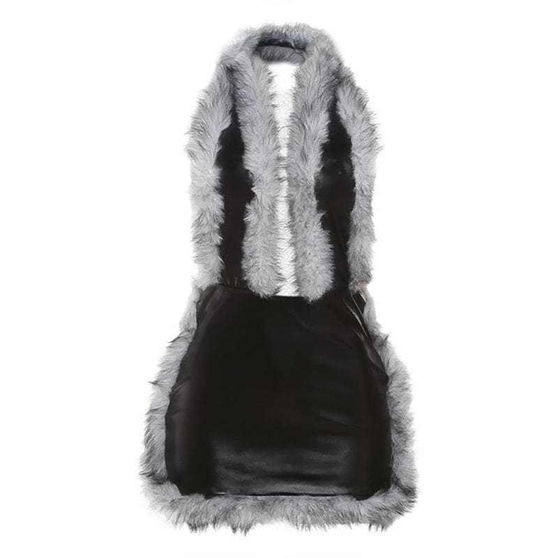 Faux Leather Halter Dress: Deep V Plunge Neck with Fur Trim Stitching