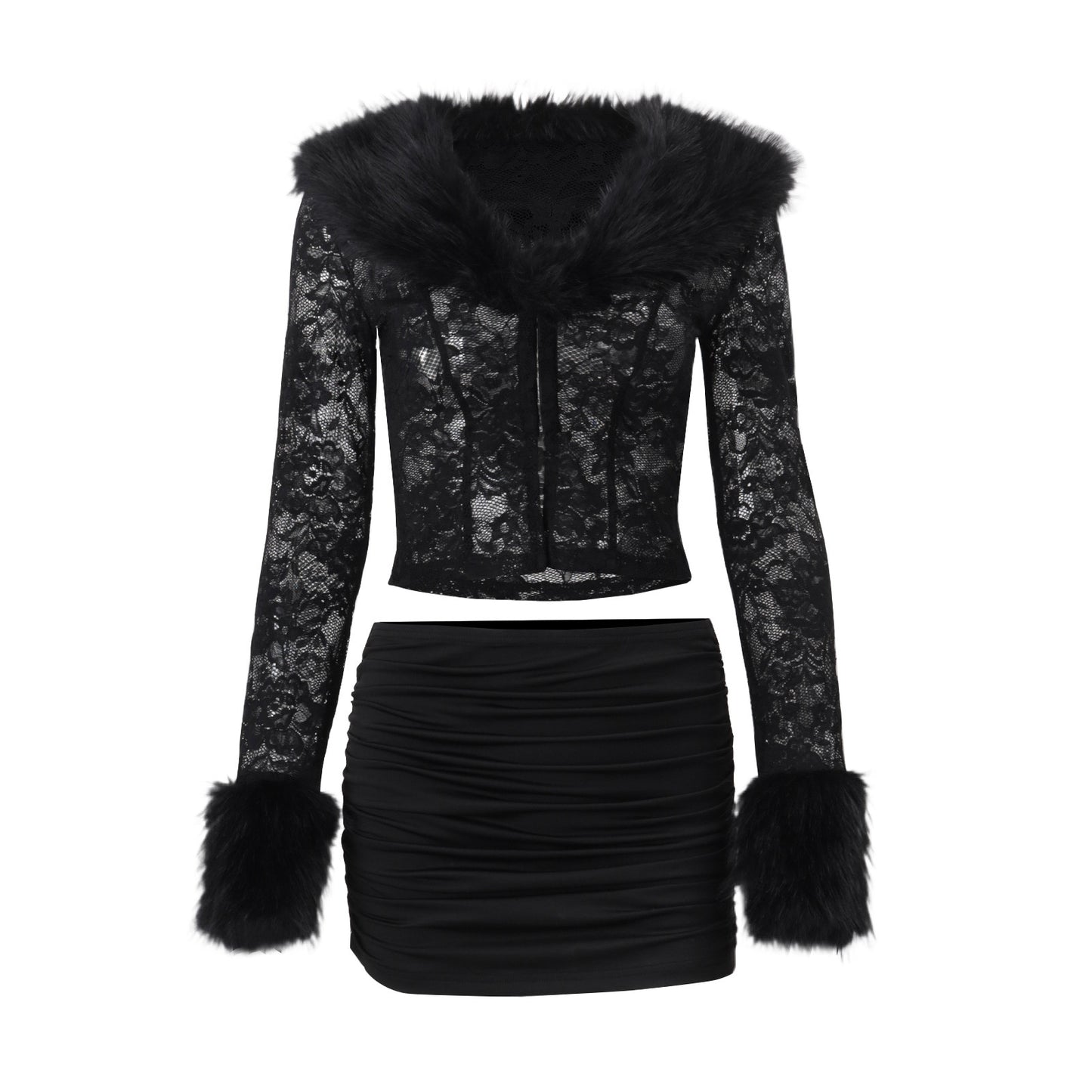 Women’s V-Neck Lace & Ruched Two-Piece Set – Slim Fit Long Sleeve Top & Mini Skirt