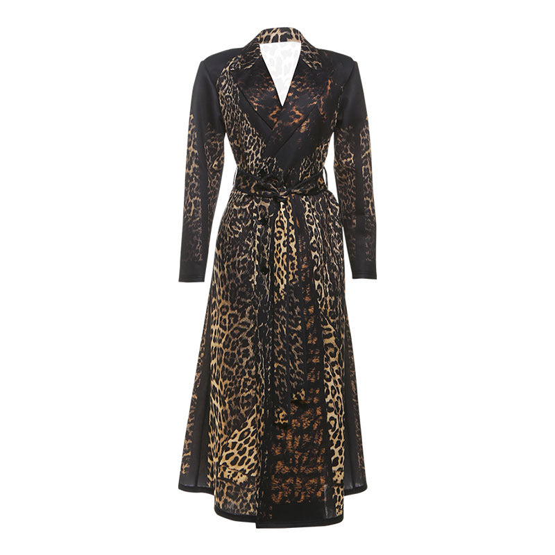 Women’s Leopard Print Belted Trench Coat – Casual Extra-Long Animal Print Coat