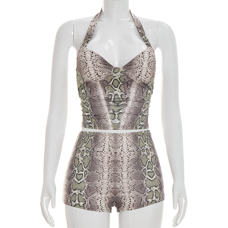 Snake Print Two-Piece Set - Halter Crop Top & Low Rise Shorts Matching Set