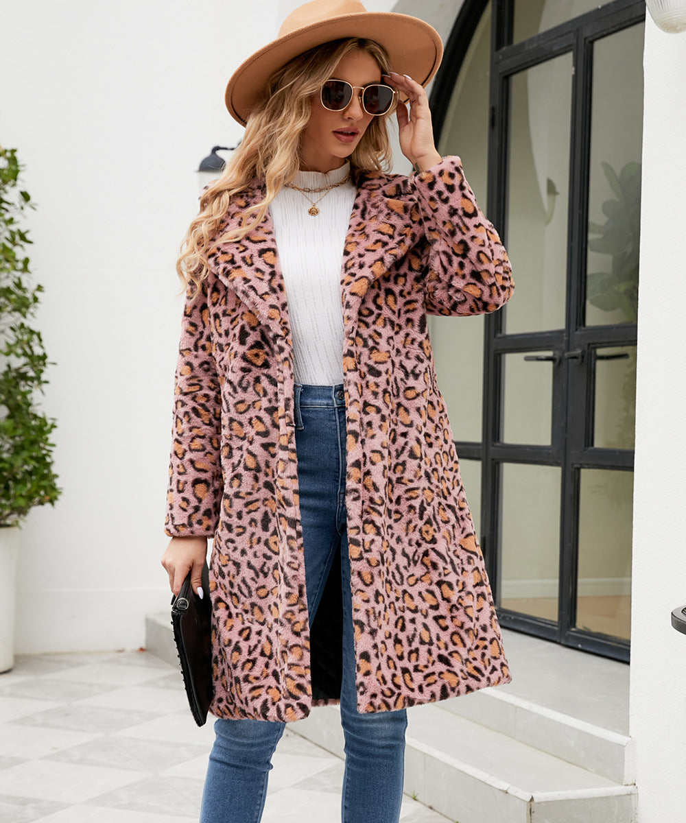 Casual Leopard Print Faux Fur Trench Coat: Square Collar Plush Longline Jacket