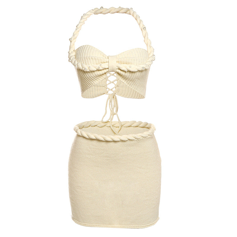 Sexy Halter Beaded Lace-Up Two-Piece Skirt Set