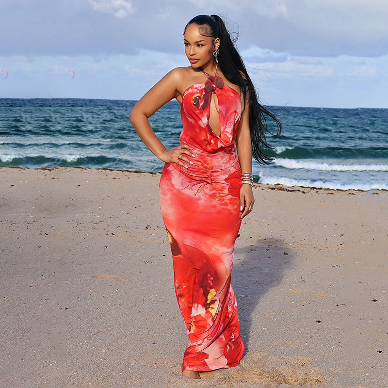 fitted lace wedding dress Red Floral Halter Maxi Dress | Backless Cutout Vacation Dress