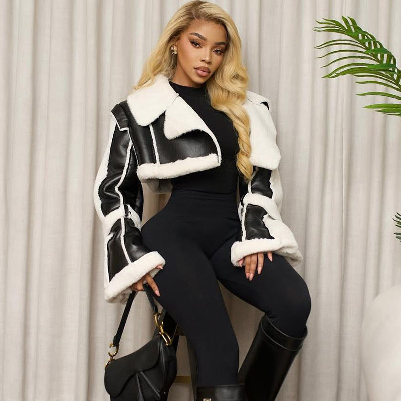 Faux Shearling Color Block Crop Jacket