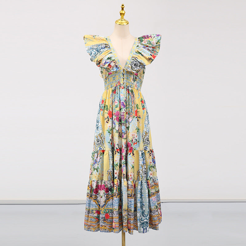 Boho Vacation Maxi Dress - Printed V-Neck Slim Fit with Flutter Sleeves