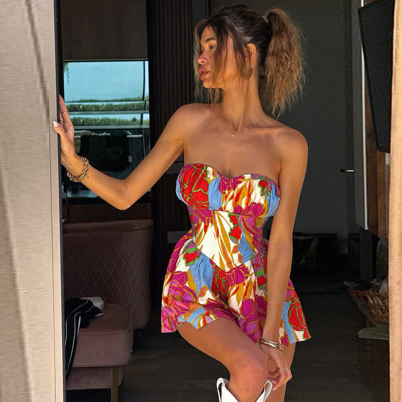 Sexy Floral A-Line Mini Dress - Sweetheart Backless & Ruched