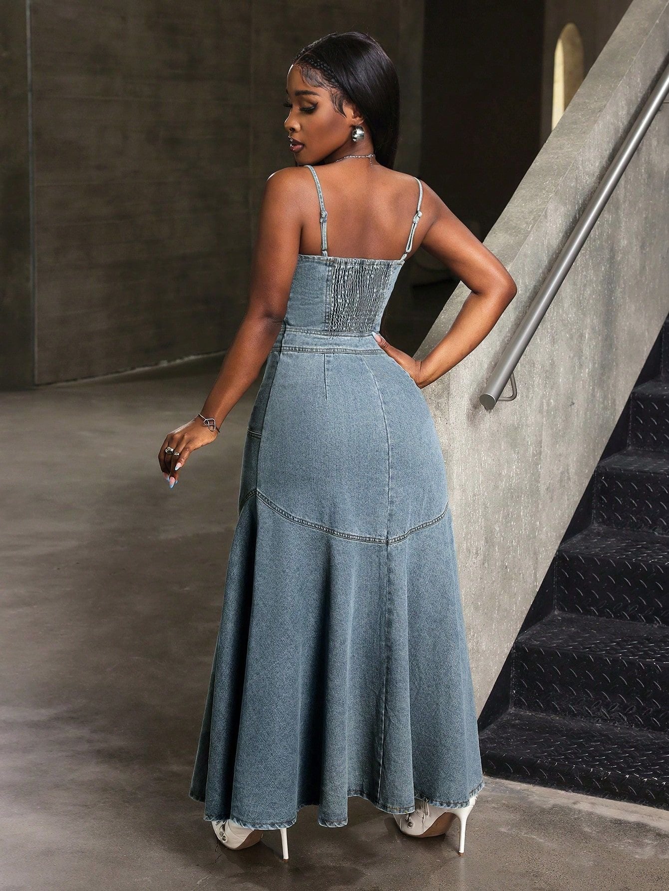 Slim Fit Spaghetti Strap Denim Maxi Dress – Summer Style
