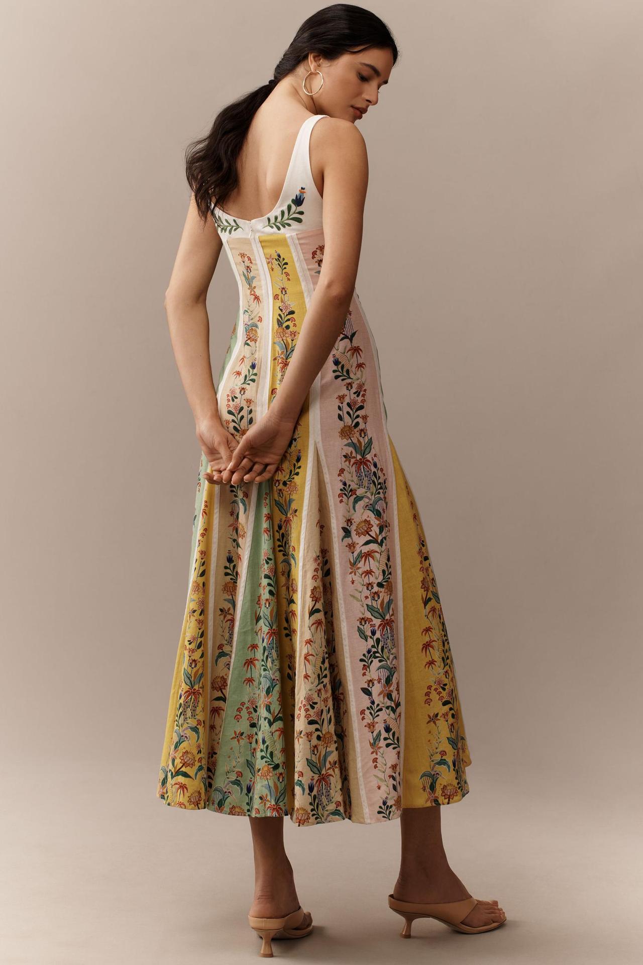 Floral Linen Maxi Dress - Suspender Strap V-Neck Vacation Dress