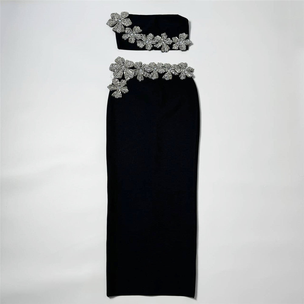 Floral Rhinestone Bandage Two Piece Set: Sexy Tube Top & High-Waist Long Skirt