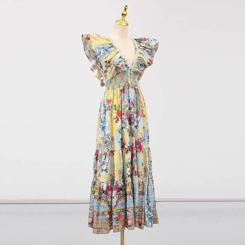 Boho Vacation Maxi Dress - Printed V-Neck Slim Fit with Flutter Sleeves