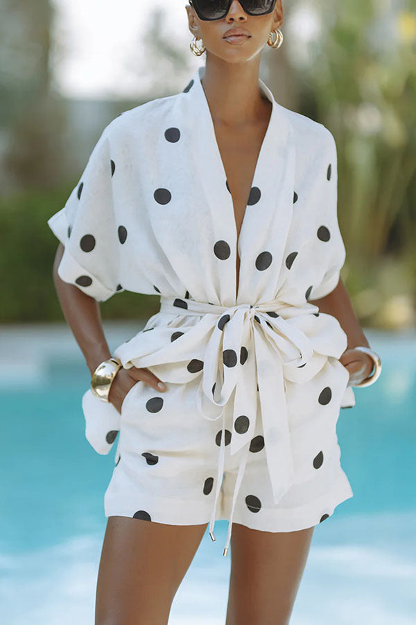 Elegant Polka Dot Shorts Set - V-Neck 1/2 Sleeve Vacation Outfit