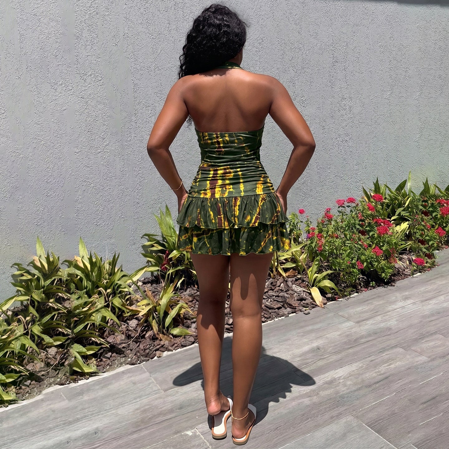 Halter Neck Cutout Backless Ruched Crop Top & Contrast Mini Skirt Set | Sleeveless Sexy Two-Piece Set | Green | Sizes S-L