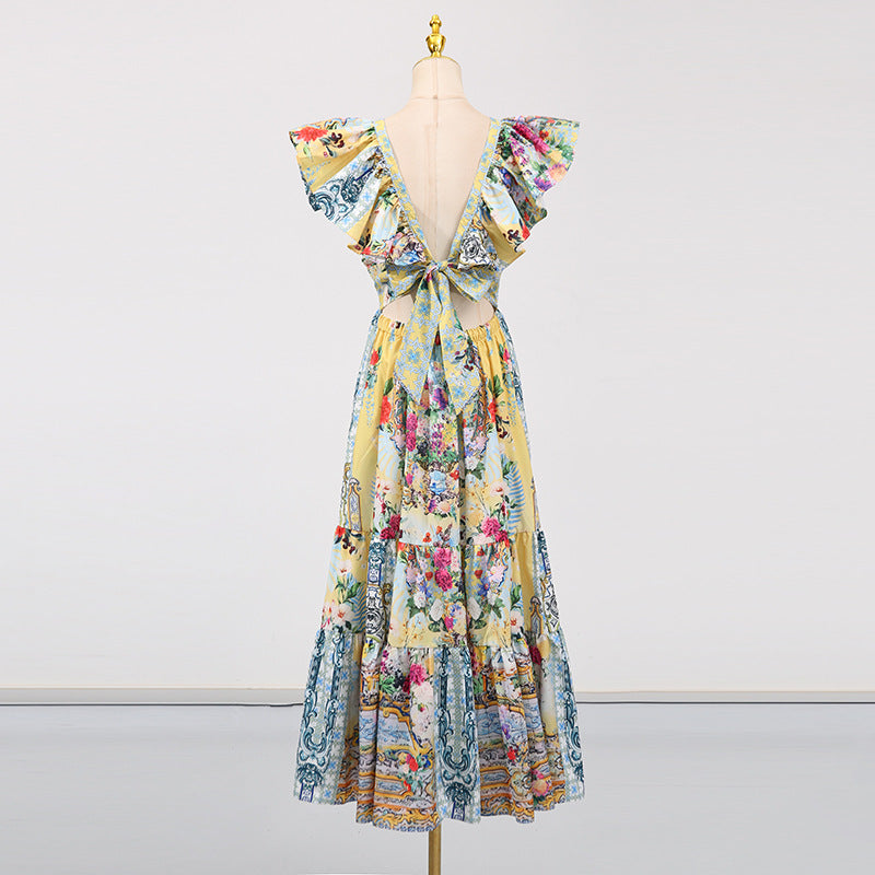 Boho Vacation Maxi Dress - Printed V-Neck Slim Fit with Flutter Sleeves