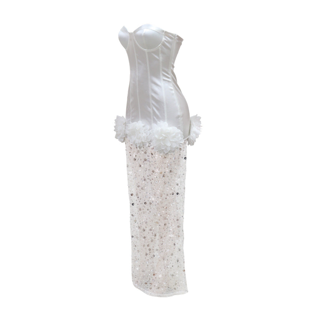 Sexy Sweetheart Tube Top Maxi Dress - Satin & Tulle Patchwork
