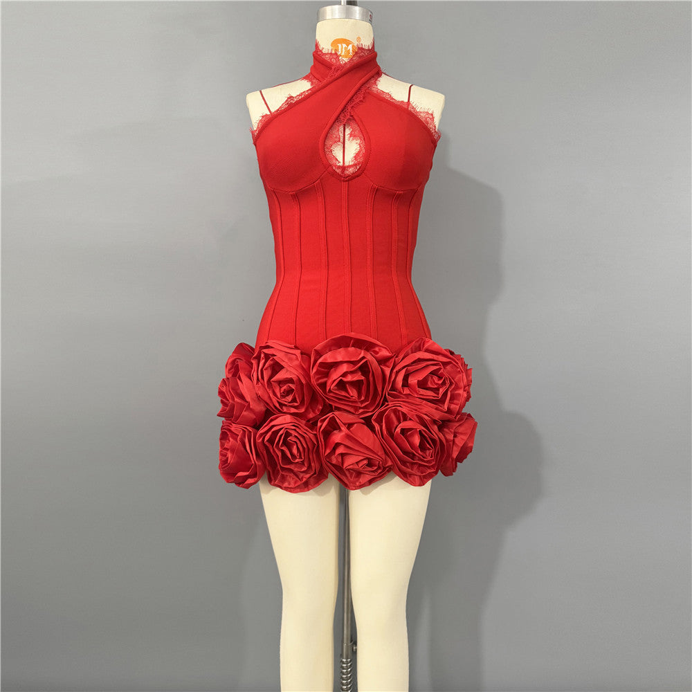 Red Floral Bandage Mini Dress: Halter Backless Lace Trim