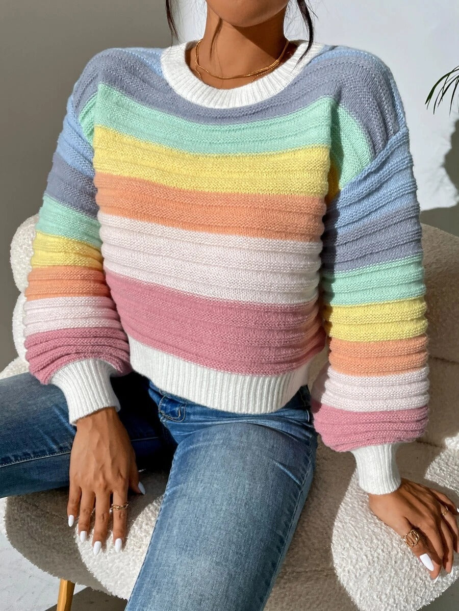 Cropped Striped Lantern Sleeve Sweater