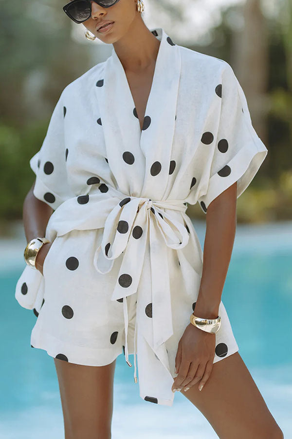 Elegant Polka Dot Shorts Set - V-Neck 1/2 Sleeve Vacation Outfit