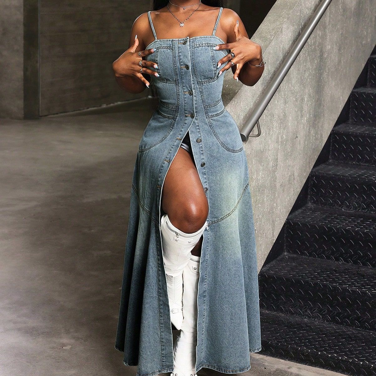 Slim Fit Spaghetti Strap Denim Maxi Dress – Summer Style