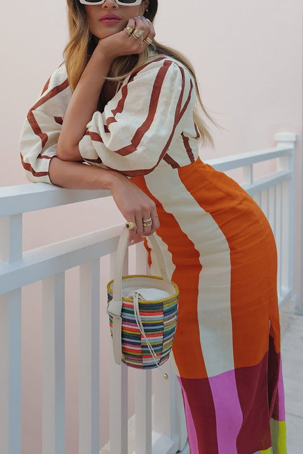 Summer Sexy Maxi Dress - Printed V-Neck with Split & Twisted Details