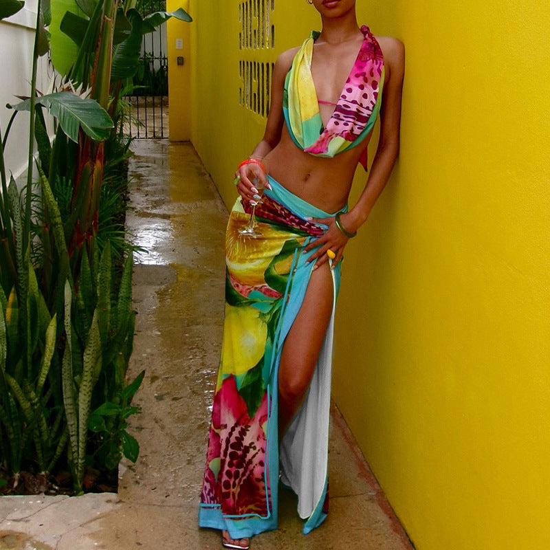 Sexy Summer Halter Top & Split Maxi Skirt Set - Backless & Twisted