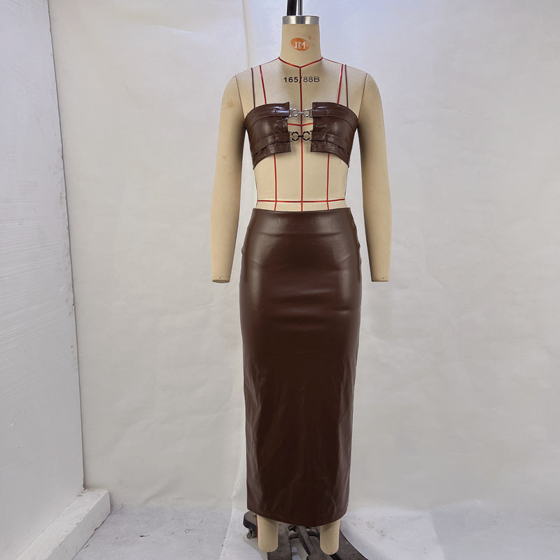 Spaghetti Strap Leather Top & Skirt Set