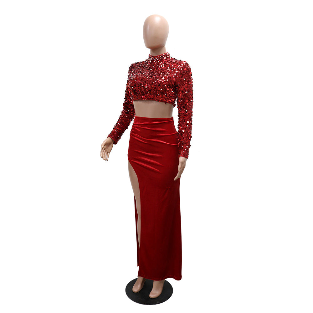 Red Velvet & Sequin Two Piece Set: Long Sleeve Top & High Slit Skirt