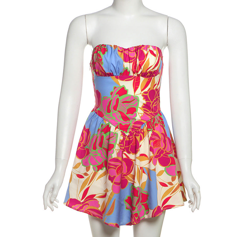 Sexy Floral A-Line Mini Dress - Sweetheart Backless & Ruched