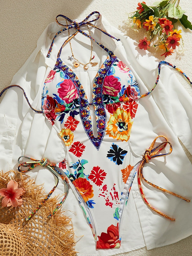 Women's Floral Bikini Swimsuit – Sexy Backless Cutout Beach Swimwear